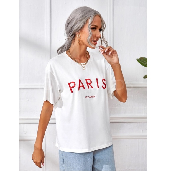 White Tee Red Embroidery Text Print Shirt Short Sleeve, Drop Shoulder Oversized - Picture 6 of 12